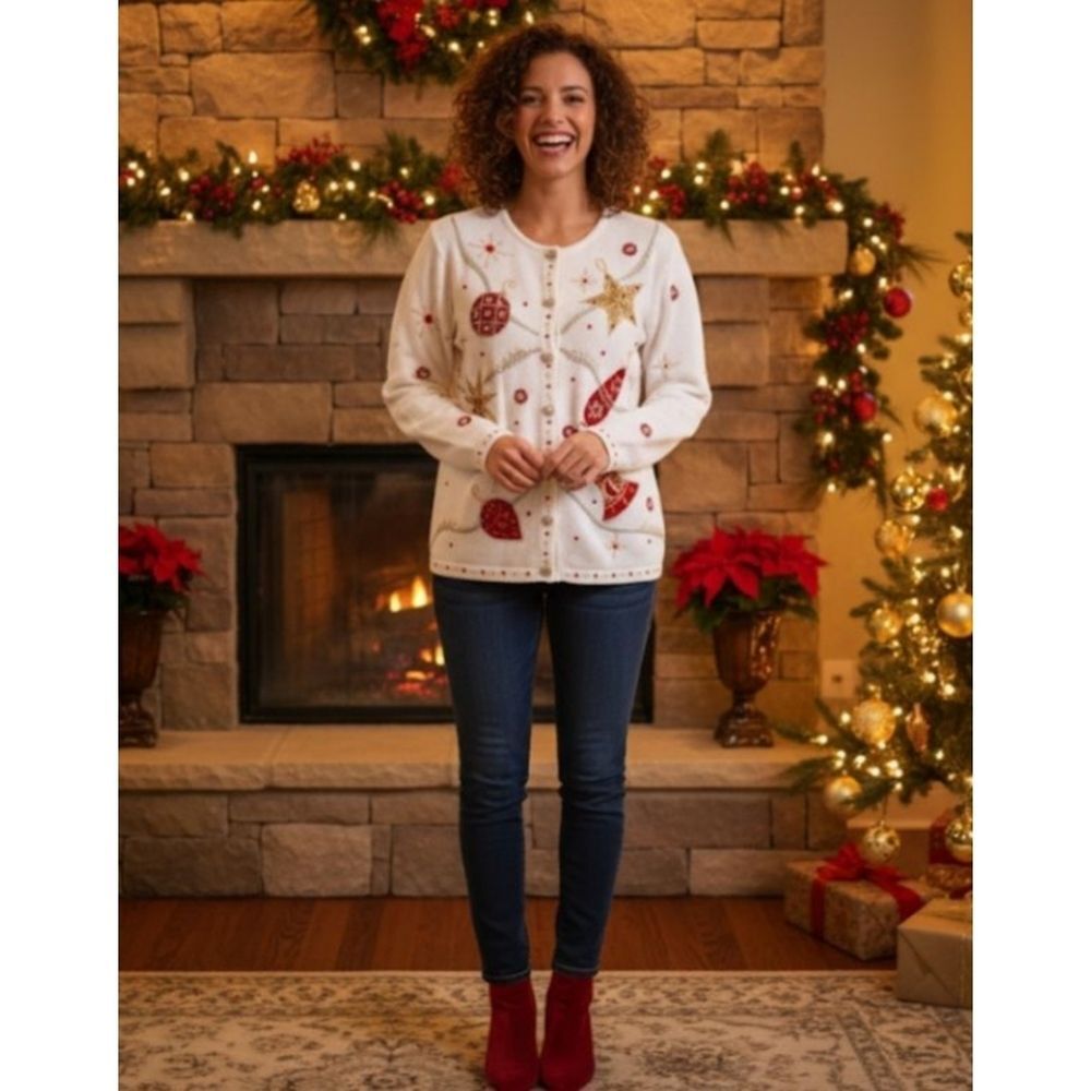 Vintage 90's KIKIT Christmas Sweater Cream Embellished Ornaments Cardigan size S - Picture 11 of 16